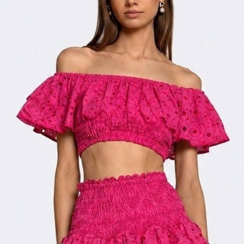 Sartoria Saracena Linen Off Shoulder Eyelet Ruffle Top Women XS/S Pink Italy
